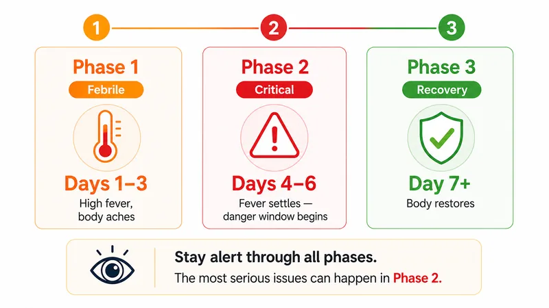 Dengue fever three phases: the critical window is days 4–6, often after the fever settles