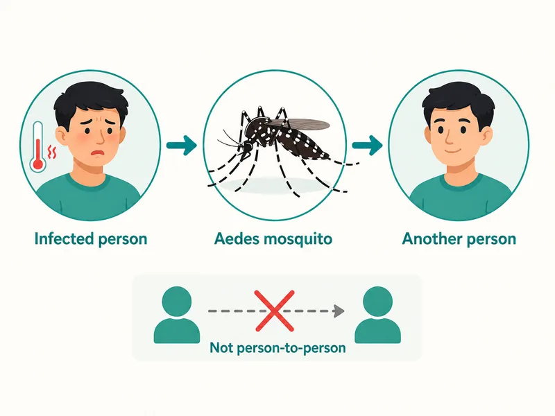 Diagram showing dengue transmission cycle through Aedes aegypti mosquito in Gurgaon — no person-to-person spread
