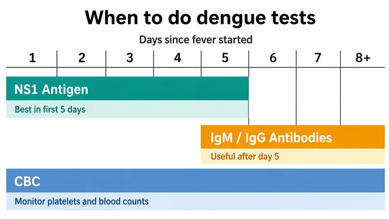 Timeline showing when to use dengue NS1 antigen test, IgM/IgG antibodies and CBC blood count — days 1 to 8