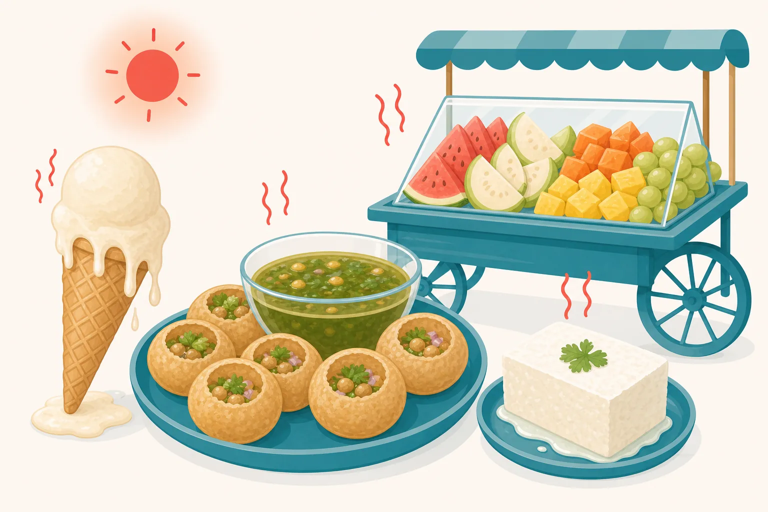 Summer food risks in Gurgaon: melting ice cream, golgappa water, cut fruit, paneer left out.