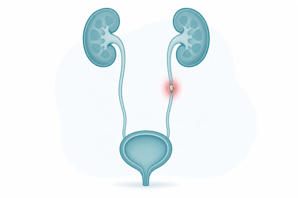 Kidney, ureter and bladder with a small stone stuck in the narrow ureter
