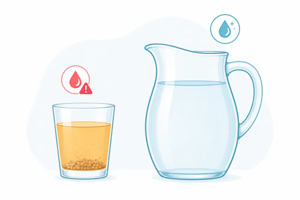 Concentrated urine with grit settling at the bottom versus well-diluted pale urine, the hydration analogy