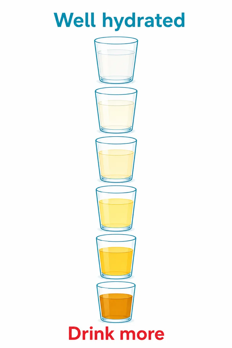 Urine colour hydration scale: pale means well hydrated, dark means drink more