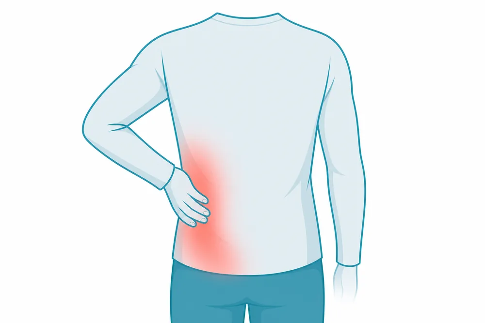 Where kidney stone pain is felt: one side of the lower back curving to the front, left or right