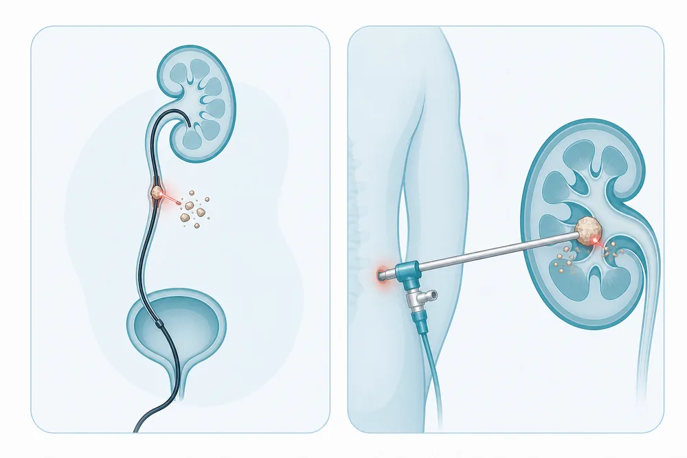 Two minimally invasive kidney stone treatments: a thin scope with laser, and a small keyhole in the back
