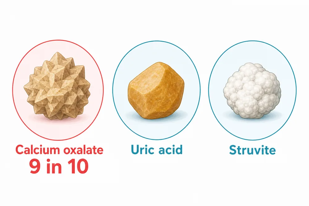 The three kidney stone types: calcium oxalate (most common, about 9 in 10), uric acid, and struvite
