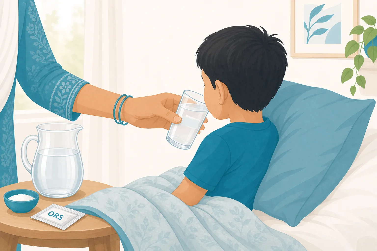A caregiver helping a child in bed sip a glass of ORS, with an ORS sachet on the side table.