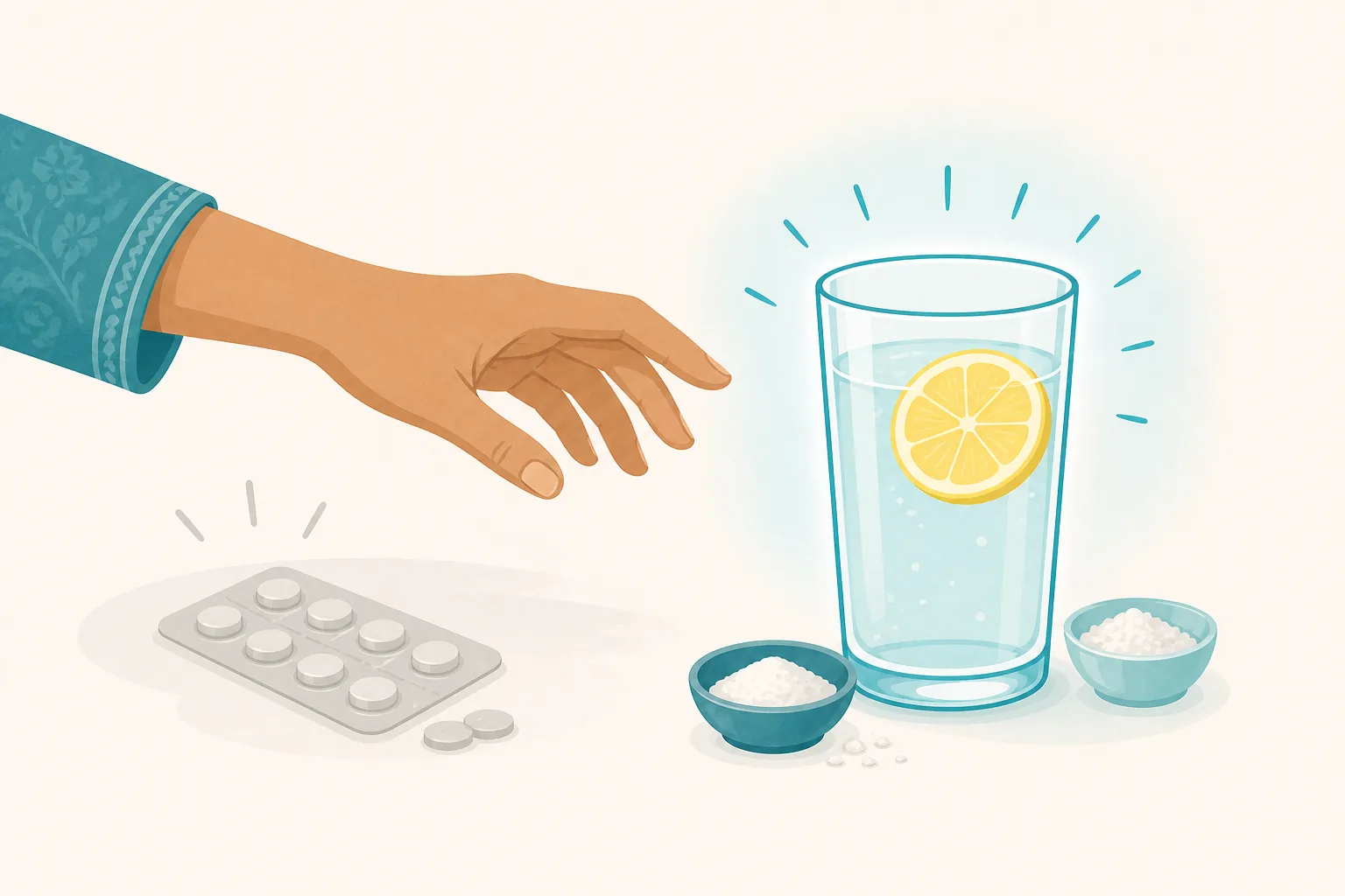 A hand reaching past a pack of pills toward a glass of ORS.