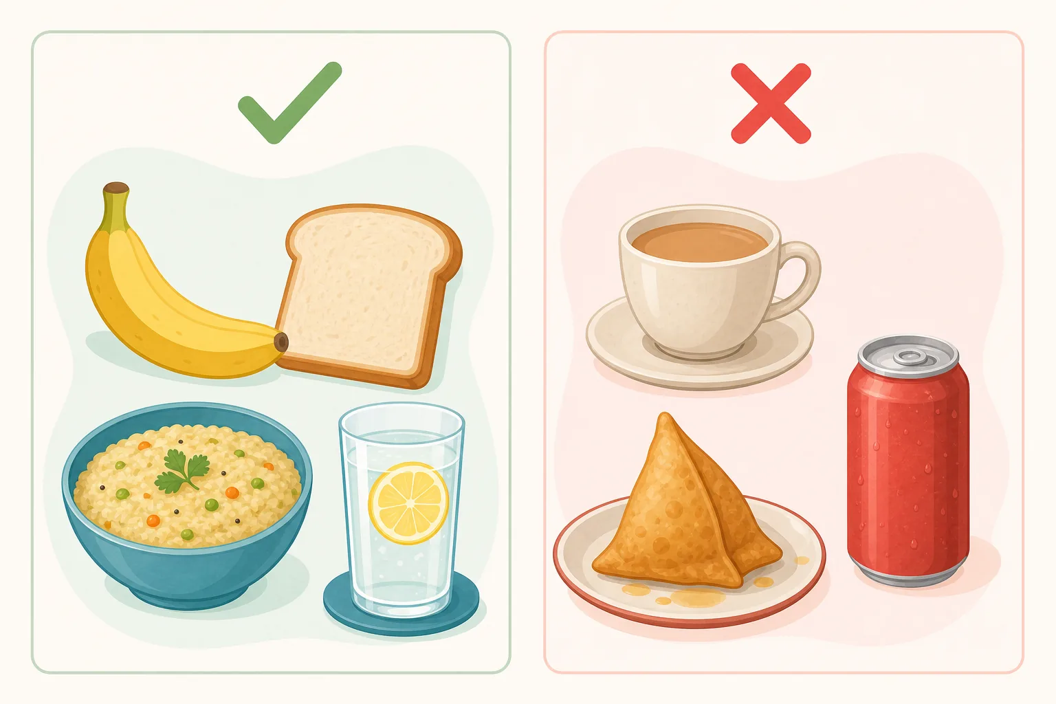 Two columns: banana, toast, khichdi and ORS to eat; tea, oily food and a fizzy can to skip.