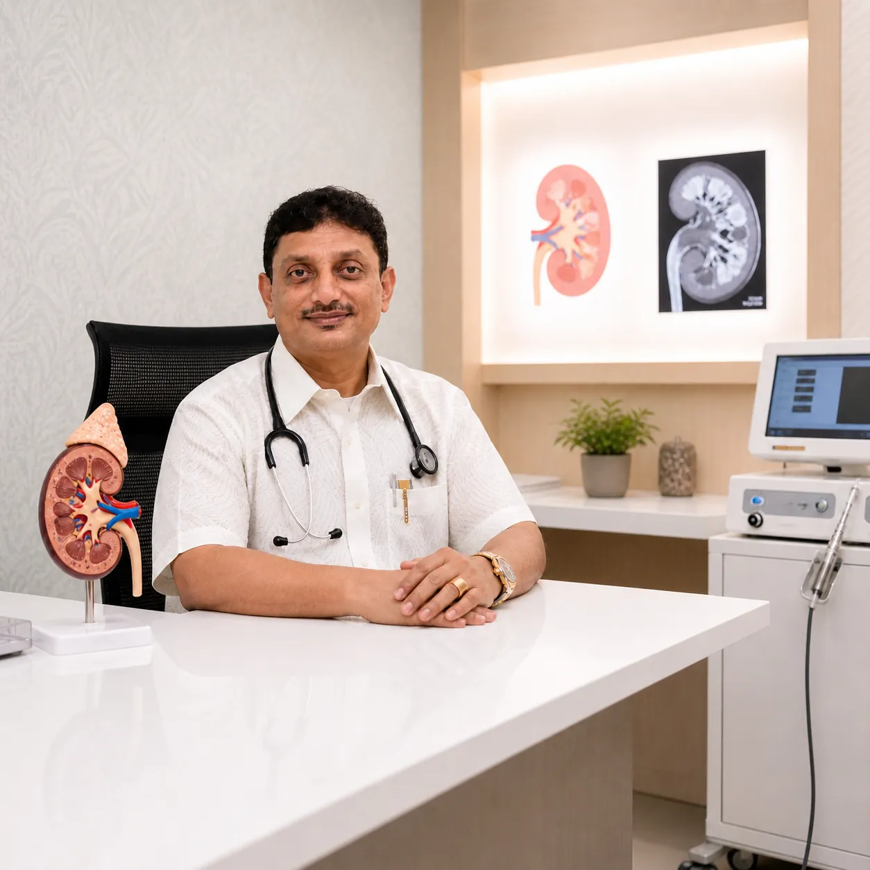 Dr. Anirudh Kaushik (M.Ch Urology) at his urology consultation room with kidney anatomy charts — kidney stone treatment in South City 2, Gurgaon